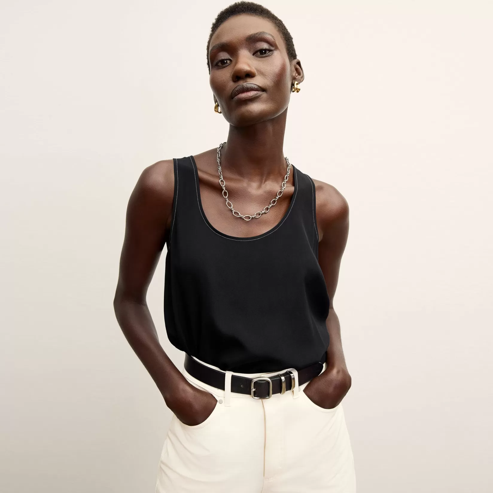 Tops | M.M.LaFleur The Vicky Tank - Washable Silk Top Stitch BlackwithTopstitch